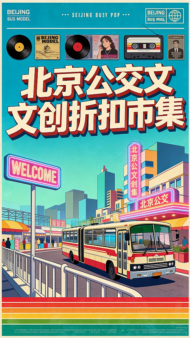 复古城市流行风格海报插画，整体为竖向海报构图，仿照参考图1核心布局、远景和前景层次做艺术化简化重构：上半部分保留大面积高饱和青蓝色天空，清爽明亮基调；中景突出市集效果，建筑用几何块面概括，大胆平涂色彩、干净线条和细腻阴影表现体积；远景用低饱和蓝灰色或青绿色营造空间层次；前景加入夏日元素、栏杆、写着WELCOME的路牌、参考图2样式的北京复古公交车、霓虹招牌，呈现80年代日本动画美学、复古唱片封面感和市集度假氛围。画面顶部加入复古标识BEIJING BUS MODEL、细横线、唱片/录像带封面装饰、夸张立体复古标题字"北京公交文创折扣市集"；底部加入红橙黄绿横向色带和小号排版文字，形成完整海报边框和版式。整体高饱和高对比度，矢量插画感、颗粒质感、复古印刷质感，怀旧都市氛围、明亮阳光感，画面干净有序、构图平衡、细节丰富不写实，4K分辨率，不要写实照片感、低饱和灰雾、现代极简、赛博朋克、3D渲染、水彩油画、模糊、乱排版、暗色天空、人物特写、过度真实光影，无署名无水印无真实品牌