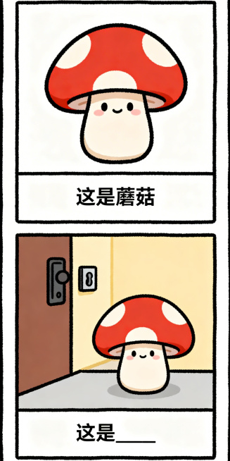 手绘搞笑纵向双格漫画，上半格：Q版可爱的蘑菇，极简背景，底部文字框写“这是蘑菇”；下半格：蘑菇安安静静地待着，旁边没有一个门铃，底部文字框写“这是____”，线条清晰，色彩鲜明预览效果