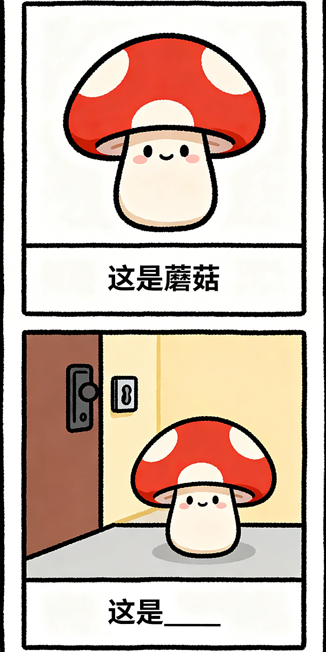 手绘搞笑纵向双格漫画，上半格：Q版可爱的蘑菇，极简背景，底部文字框写“这是蘑菇”；下半格：蘑菇安安静静地待着，旁边没有一个门铃，底部文字框写“这是____”，线条清晰，色彩鲜明