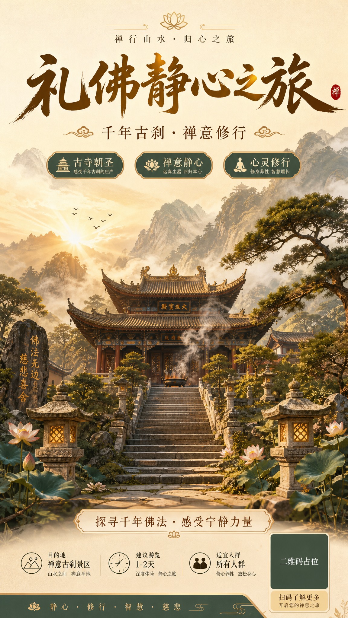国风新中式禅意风格旅游海报，礼佛主题。画面主体为一座古朴庄严的… - 图片创意预览