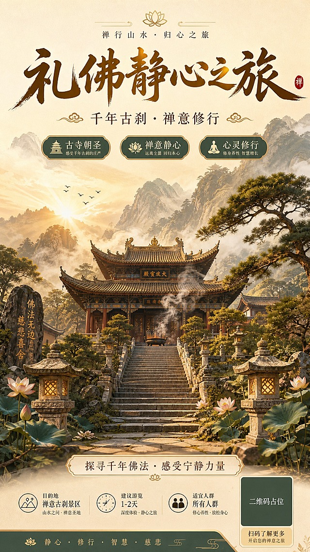 国风新中式禅意风格旅游海报，礼佛主题。画面主体为一座古朴庄严的千年古寺，飞檐翘角，香烟袅袅，远处群山云雾缭绕，松柏苍翠。晨光透过云层洒下金色光芒，营造静谧空灵的禅意氛围。前景有石阶蜿蜒而上，两侧点缀莲花与禅意石灯。画面上方居中大字号主标题："礼佛静心之旅"，副标题："千年古刹 · 禅意修行"，下方排列三个禅意标签："古寺朝圣"、"禅意静心"、"心灵修行"，底部小字装饰文案："探寻千年佛法 · 感受宁静力量"。整体配色以暖金、赭石、墨绿、米白为主，色调柔和宁静，版式精美，留白充足，富有东方禅意美学。画面中所有二维码区域使用纯色方块占位符呈现，方块中央标注"二维码占位"文字，严禁生成任何可识别的二维码图案。画面中所有信息区域必须填充完整合理的内容，不得出现空白框、空白占位、横线待填写区域，确保是完整可用的成品海报。
