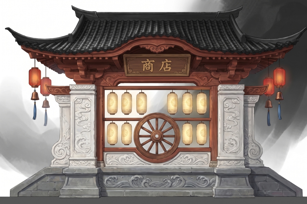 参考图片中式古风风格，重新生成一座仿古建筑小型门楼结构游戏商店：顶部翘角传统黑瓦屋檐，下方红棕色木质梁柱连接无断开，石质基座；主体框架红棕色雕花木质结构，搭配白色汉白玉立柱墙面，柱身墙面雕刻祥云海浪纹预览效果