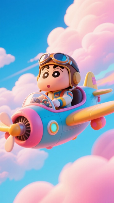 3D风格，蜡笔小新飞行员，穿着飞行服，戴着飞行帽和护目镜，坐在可爱的飞机驾驶舱内，飞机造型圆润可爱，色彩鲜艳，在粉蓝渐变的云海中翱翔，背景是明亮的蓝天，卡通风格3D，整体画面非常丰富多彩和美丽预览效果