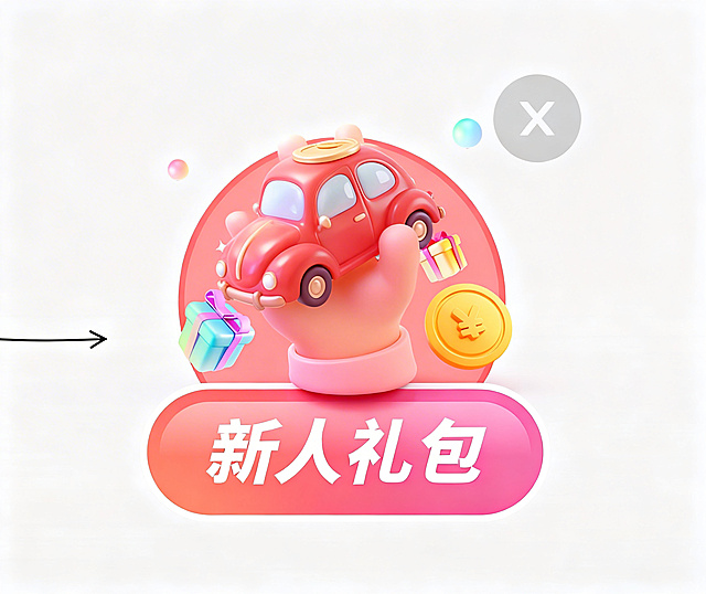 去掉图中的手，把红色小汽车放大，让小汽车占据原来手和红包的位置，保持整体3D膨胀风格，保留周围礼物、金币和右上角元素，保留下方"新人礼包"按钮文字