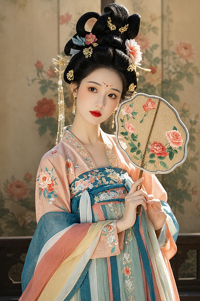 参考原图片风格和人物服饰造型，重新生成同风格唐代汉服仕女图，保留妆容、发饰、团扇和服饰纹样细节，保持画面清晰度和质感