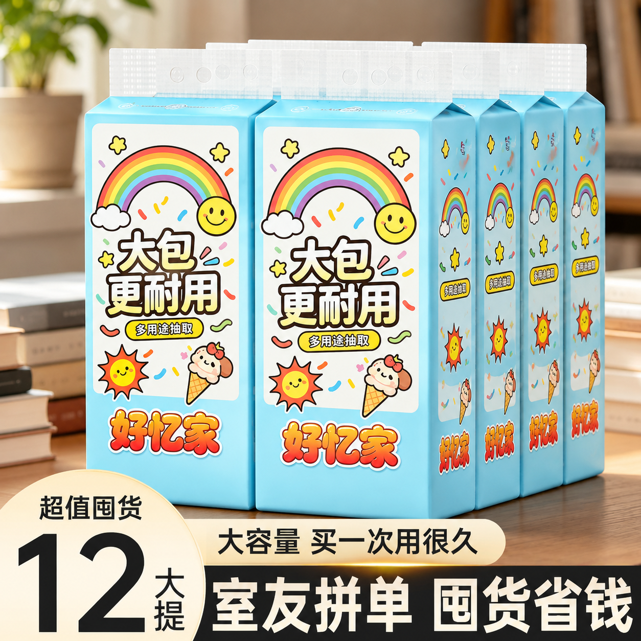 将第一张白底图中浅蓝色包装上的所有图案主题（彩虹、笑脸太阳、星… - 图片创意预览