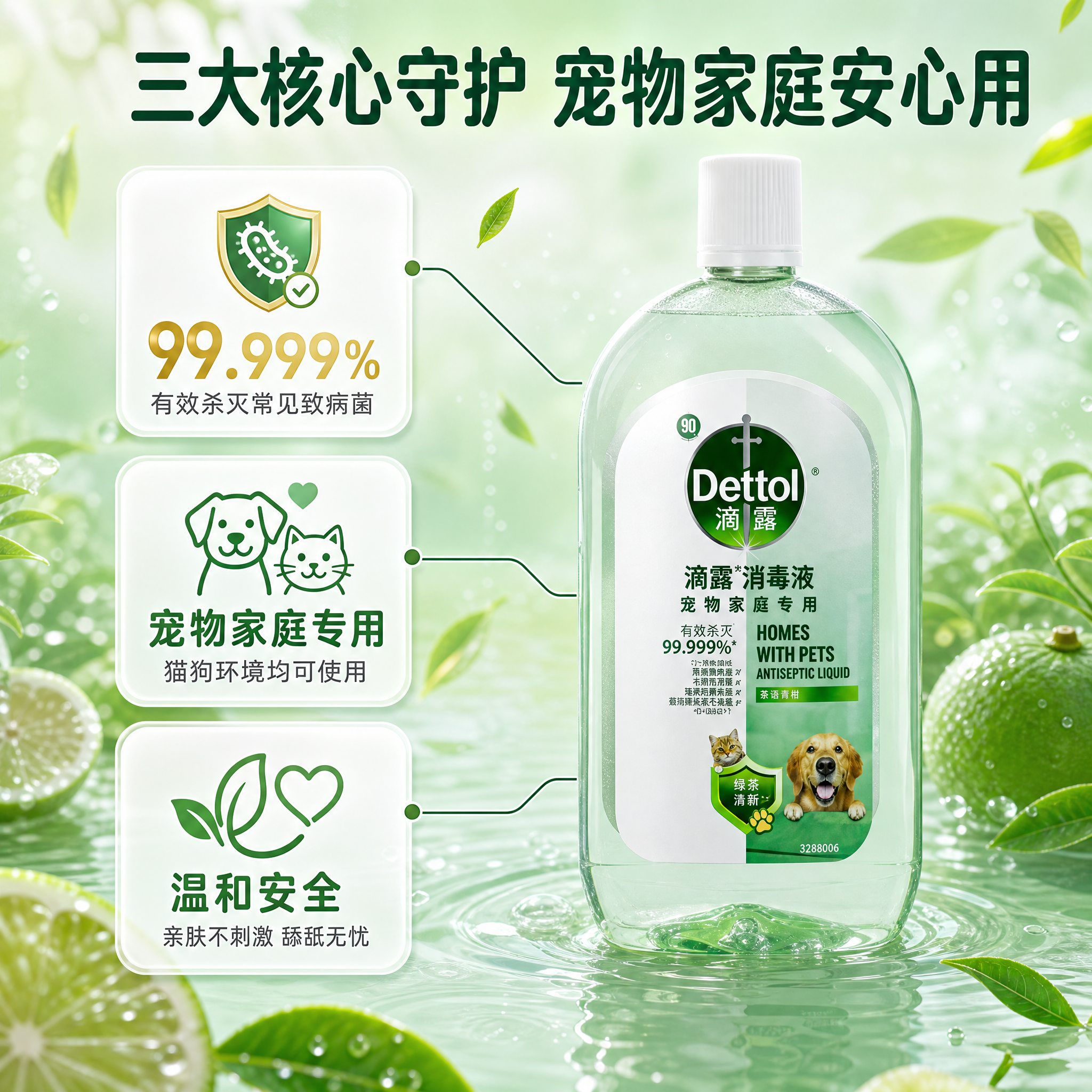 [主图-2] 滴露宠物消毒液核心卖点功能图，展示99.999%… - 图片创意预览