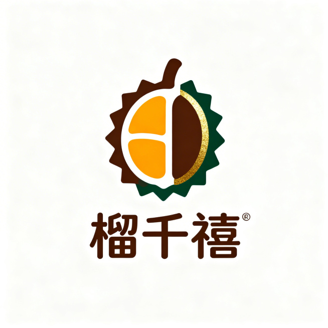设计"榴千禧"高端饮品logo，去掉咖啡杯，将猫山王榴莲形态与咖啡元素创意融合，进一步简化线条，让整体造型更简洁干净。保留指定配色：深棕色咖啡主色、橙黄色榴莲果肉色、深绿色轮廓、金色高光，保持高端简约预览效果