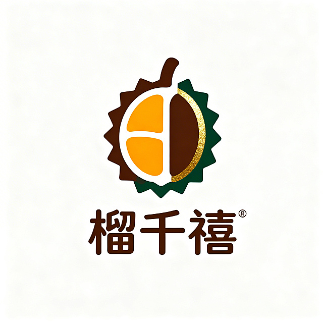 设计"榴千禧"高端饮品logo，去掉咖啡杯，将猫山王榴莲形态与咖啡元素创意融合，进一步简化线条，让整体造型更简洁干净。保留指定配色：深棕色咖啡主色、橙黄色榴莲果肉色、深绿色轮廓、金色高光，保持高端简约风格