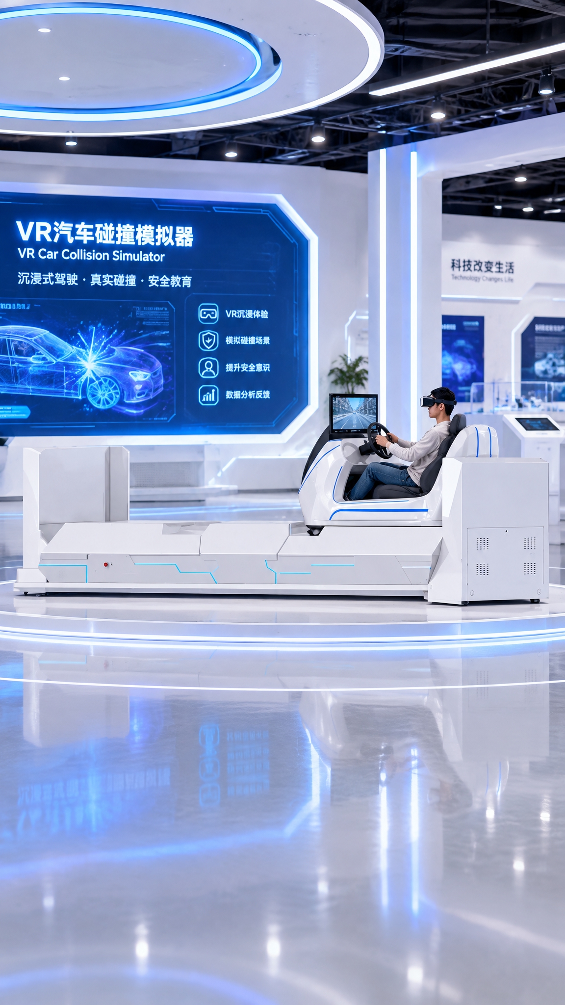 将图中的VR汽车碰撞模拟器放置在现代化科技馆展厅场景中，驾驶座… - 图片创意预览