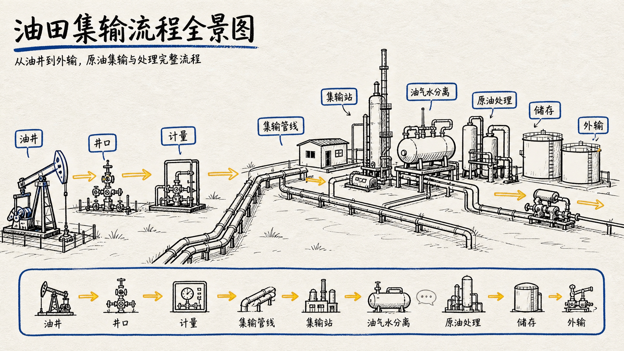 将图中的油田集输流程全景图转换为手绘涂鸦风格的信息图，参考第三… - 图片创意预览
