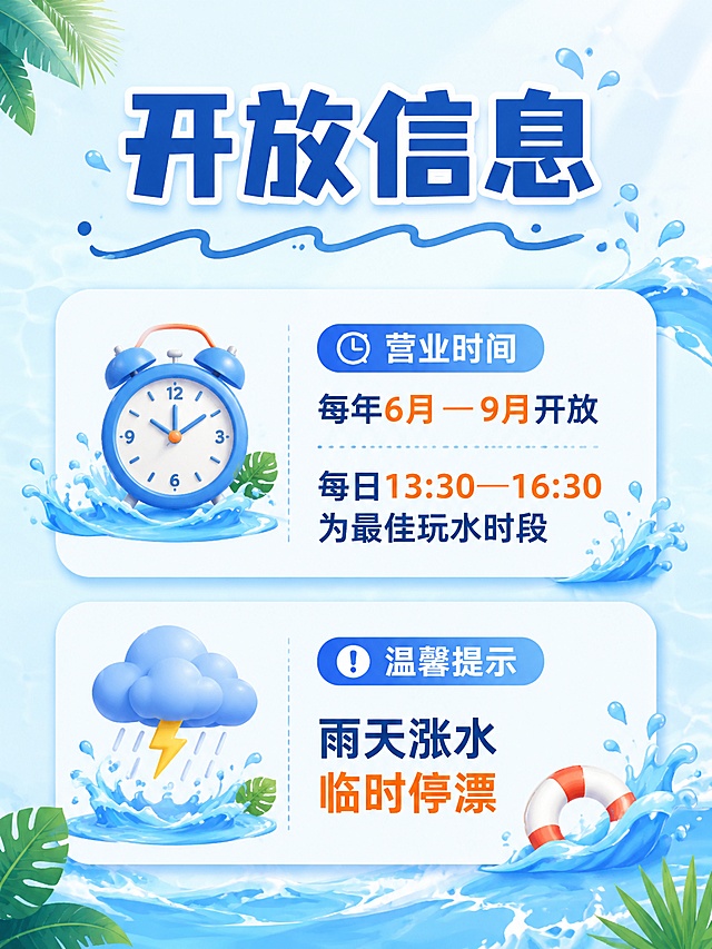 [第6屏] 营业时间&票价信息页。
[氛围/风格] 清爽信息页，保持整体夏季清凉风格，简约清晰。
[元素布局] 顶部大标题「开放信息」，下方分两块展示信息：营业时间：每年6月—9月开放，每日13:30—16:30为最佳玩水时段；提示：雨天涨水临时停漂。区域周围点缀水波纹和浪花小元素，整体排版整齐舒适，画面饱满不空洞。
[光影质感] 均匀明亮光照，整体干净清爽，文字清晰不模糊。
[配色色系] 全局底色 #F0F9FF，统一浅蓝绿色调，和前面页面保持风格一致。
[视角构图] 竖向排版，标题在上，信息分区展示在下，居中对齐，阅读动线流畅。
[文字版式] 标题加粗居中，信息分区展示，每个信息模块配小图标区分，文字大小适中，手机端清晰可读。
[比例分辨率] 3:4 竖版比例，4K 分辨率，文字清晰可辨，高清画质。
[负向提示词] 文字错乱，文字过小，排版混乱，颜色不协调，水印，变形