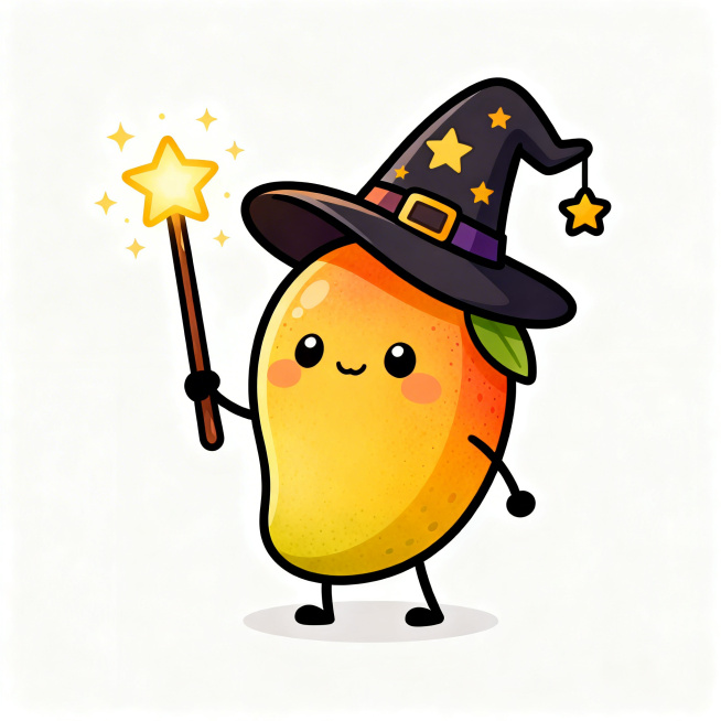 Q版卡通风格，拟人化的芒果形象，戴着魔法帽，拿着魔法棒，魔法风格，白色背景预览效果