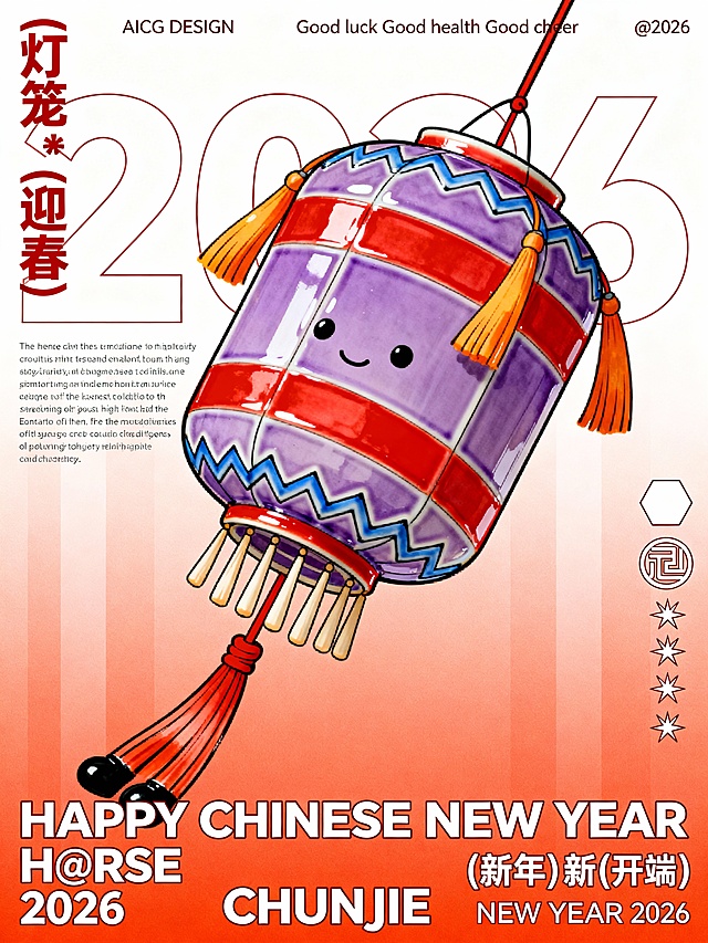 画面中央的主体是一个倾斜展示的拟人化灯笼角色（主体为紫色，横向缠绕着几条红色的宽条纹，灯笼顶端正垂落出一束巨大的流苏形状，这个流苏由橘色和黄色组成，边缘有一圈蓝色的锯齿状线条装饰，中心点向外垂落七八根细长的浅色小穗，黑色的手脚，流苏与灯笼主体通过红色系带连接）。画面右侧点缀着一些图形元素，包括一个白色的六角形符号、一个像回纹针一样的环形图标以及两个并排的四角星符号。画面底部占据近三分之一高度的是巨大的白色加粗无衬线英文字体，分为三行排列，分别是 “HAPPY CHINESE NEW YEAR”、“H@RSE 2026” 以及 “CHUNJIE”。画面左上角垂直排列着红色的汉字文案 “(灯笼) * (迎春)”。画面右下角有横向排列的白色文字 “(新年) 新 (开端)”，其中中间的 “新” 字被一个圆圈包围，右侧还带有 “HAPPY NEW YEAR 2026” 的小字。画面顶部有三列精细的英文排版，包含 “AICG DESIGN”、“Good luck Good health Good cheer”、“@2026” 等细节文字。画面中部左侧有一段长篇的英文介绍，背景中还隐约衬托着巨大的、仅有轮廓线的数字 “2026”。背景是一个从顶部的白色向底部的橙红色平滑过渡的竖向渐变色块。整体构图呈现出一种极简且富有高级感的节日海报布局。