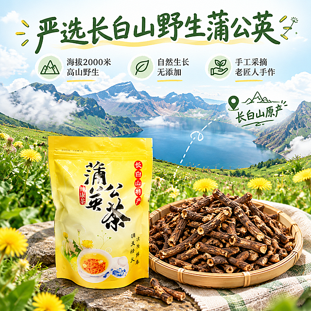 [主图-2] 小红书风格产地溯源图，核心任务：建立信任，突出长白山原产天然野生。
[统一基调] 小红书原生感风格，清新治愈自然风，暖绿色+米白色为主色调，点缀暖黄色，手写体标题搭配清爽黑体辅助文字，整体柔和有生活气息。
[画面] 画面上半部分是长白山高山绿野天池风景，山间云雾缭绕，绿草如茵，有野生蒲公英点缀；下半部分左侧放一袋蒲公英茶产品，右侧是一堆饱满的深褐色蒲公英根干料特写，干料颗粒清晰纹理可见。用虚线从长白山场景引向产品，表达产地直供。画面中可加入手绘风格的定位小图标。
[光影质感] 自然山野光线，上半部分风景明亮通透，下半部分产品柔和打光，干料纹理清晰，整体光影过渡自然。
[配色] 主色调自然绿色+天蓝色，产品黄色包装作为视觉亮点，标题字深绿色，辅助文字深灰色。
[文字版式] 顶部大标题手写体「严选长白山野生蒲公英」，下方分三点小图标+文字：「海拔2000米高山野生」「自然生长无添加」「手工采摘老匠人手作」，文字排版清新有呼吸感，带小红书种草笔记风格。
[输出要求] 1:1正方形，文字清晰，产品外观准确，无水印，禁止绝对化用语。