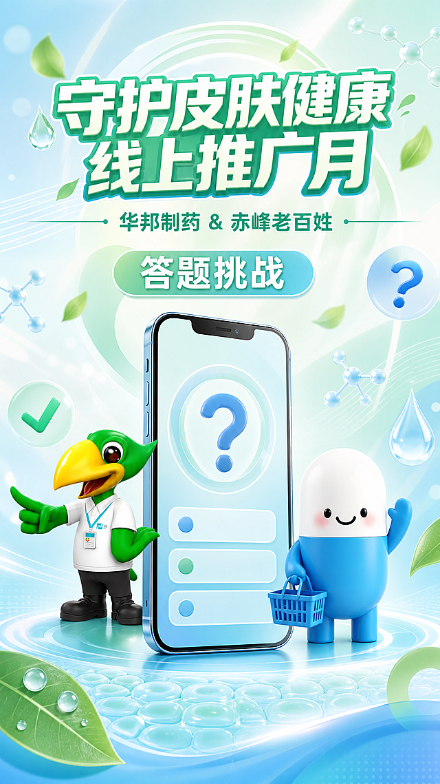 手机答题挑战活动海报，竖版9:16，清新医疗健康风格。画面中有两个吉祥物：左侧绿色小鸟（绿身黄嘴、白衬衫带工牌、黑裤黑鞋、手指指向姿势），右侧蓝白胶囊小人（上白下蓝胶囊造型、笑脸腮红、手持蓝色购物篮、挥手姿势），两个吉祥物大小适中，位于画面中下部，中间有一部立体3D实物手机，手机屏幕显示答题界面，有问号图标和选项按钮图形，界面内无文字。背景为薄荷绿、浅蓝、白色清新渐变。装饰元素丰富：绿叶、水滴、立体问号和对勾图标、分子结构图形、皮肤细胞纹理、光晕光斑、渐变圆环、几何线条。顶部主标题"守护皮肤健康线上推广月"，副标题"华邦制药 & 赤峰老百姓"，中部"答题挑战"标签。仅保留这三组文字，无其他任何文字。版式精美，层次分明，色彩清新靓丽。