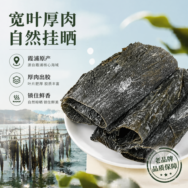 [主图-2] 绿帝宽叶干海带核心卖点展示
[氛围风格] 产地真实感，突出霞浦原产品质
[画质] 商业摄影质感，光线柔和通透，产品清晰真实，画面干净高级
[元素] 干海带主体在右侧，左侧叠加霞浦海域晾晒预览效果