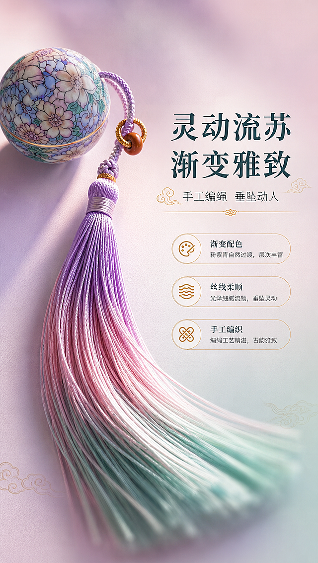 [商品] 使用【图1】骨子里国风万花款珐琅彩陶瓷分装罐挂件；重点保留紫粉青渐变流苏、编绳工艺、金色线圈、棕色木珠细节；商品处理：增强流苏丝线光泽与层次感，展现渐变过渡自然柔顺，保持流苏原始配色与长度。
[画面] 页面目标：流苏工艺，展现灵动渐变流苏的雅致国风韵味；构图为产品侧挂角度，流苏自然垂落占据画面下半部分，突出流苏渐变色彩与丝线质感；罐身位于画面上半部分偏左，占画面35%；背景为纯色渐变加柔光，流苏末端有轻微动态模糊表现灵动；右侧留白放文字。
[视觉] 套系策略：风格=新中式雅致商业摄影；标题字=宋体衬线粗体；正文字=纤细无衬线体；主色=粉紫青渐变；背景延展=基于粉紫青做深浅层级、同色渐变和宣纸/丝绸质感；强调色=描金暖金色，仅用于小面积图标、引线、标签和装饰线条；标题色=深墨青；正文色=中暖灰；组件=圆角金线信息卡、细金线引线、云纹装饰元素；光影=侧逆光勾勒流苏丝线轮廓，正面柔光补亮罐身。
[文字] 右侧信息区主标题「灵动流苏 渐变雅致」，副标题「手工编绳 垂坠动人」；下方3个工艺点：渐变配色 / 丝线柔顺 / 手工编织；文字横向排版，位于画面右侧三分之一处，不遮挡流苏主体。
[规格] 图片比例9:16竖版，4K分辨率，负向提示：避免变形、错字、文字过小、冷蓝灰背景、产品颜色改变、流苏失真、二维码、水印、绝对化用语。