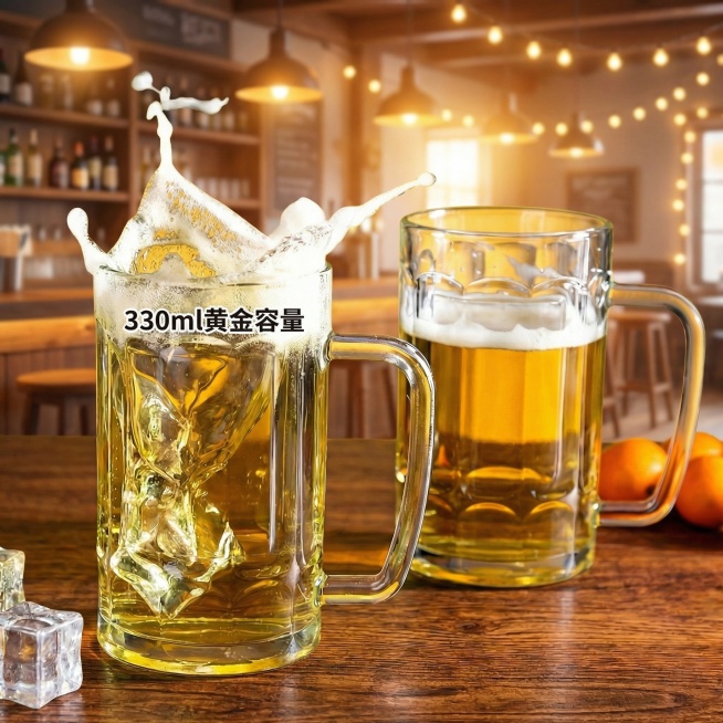 根据这张主图帮我生成一套电商主图吧，要求更改背景，风格相同，体现出来带手柄方便，加厚杯底加厚杯壁，330毫升黄金容量预览效果