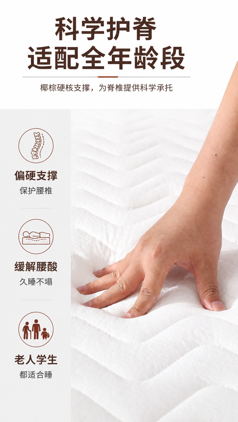 [第2屏] 核心卖点页，主打椰棕床垫护脊功能全年龄段适用。本屏… - 图片创意预览