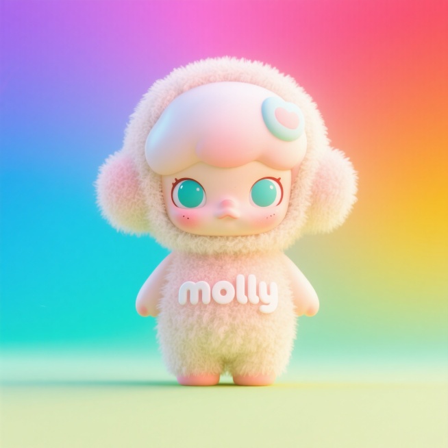 一个泡泡玛特玩偶molly，文字“molly”，有毛绒质感，柔和渐变颜色背景预览效果
