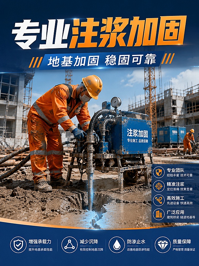 注浆加固施工宣传海报，专业工程风格，画面中心是施工现场工人操作注浆机进行地基注浆加固作业，工人穿着橙色安全服安全帽，背景是建筑工地，有注浆管注入地基裂缝，画面上方大字标题"专业注浆加固"，下方文字"地基加固 稳固可靠"，蓝色和橙色工业风，专业施工质感，高清工程宣传图，3:4竖版构图