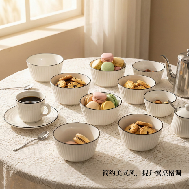 这是一只陶瓷碗，其名称为山田竖纹美式碗，碗口直径为4.5英寸。我给你提供了一张白底图，请根据我的白底图，帮我绘制6张不同角度的场景图。每张场景图比例为1：1，内容是将这只碗与不同的日常生活场景结合，并预览效果