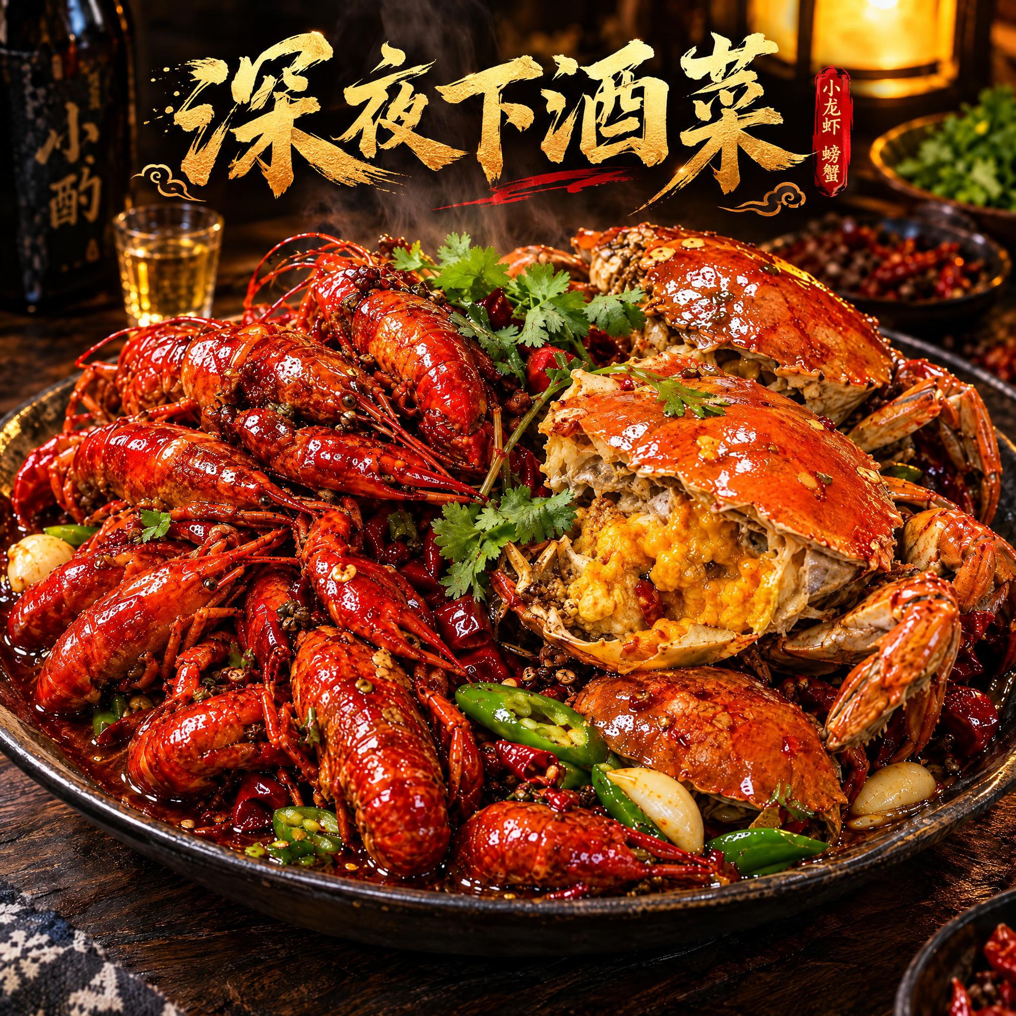 基于参考图的麻辣小龙虾和螃蟹美食，在画面中添加艺术字体店名"深… - 图片创意预览