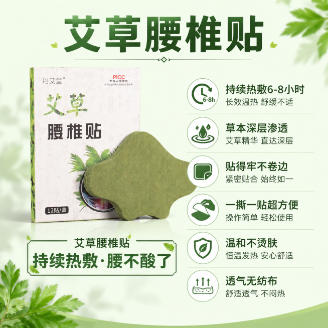 「图片1」，生成一套主图（5张），商品名称是艾草 腰椎贴，卖点是一、一级核心买点（主标题用，大字）
艾草腰椎贴

草本热敷贴

护腰温灸贴

一贴舒爽

腰舒服了

二、二级核心买点（副标题/卖点图标预览效果
