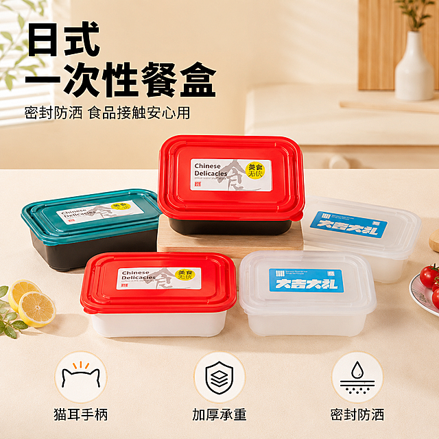 「图片1」，生成一套主图（5张），商品名称是日式餐盒，特点：猫耳手柄设计，密封防洒，加厚设计，承重性好，食品级pp材质，「图片1」「图片1」「图片1」「图片1」适配拼多多平台，主图比例为1:1