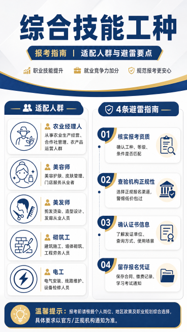 制作综合技工报考指南图文海报，顶部大标题"综合技能工种"，分板块展示适配人群（农业经理人、美容师、美发师、砌筑工、电工）和4条避雷指南，信息完整排版清晰，简约商务风格预览效果