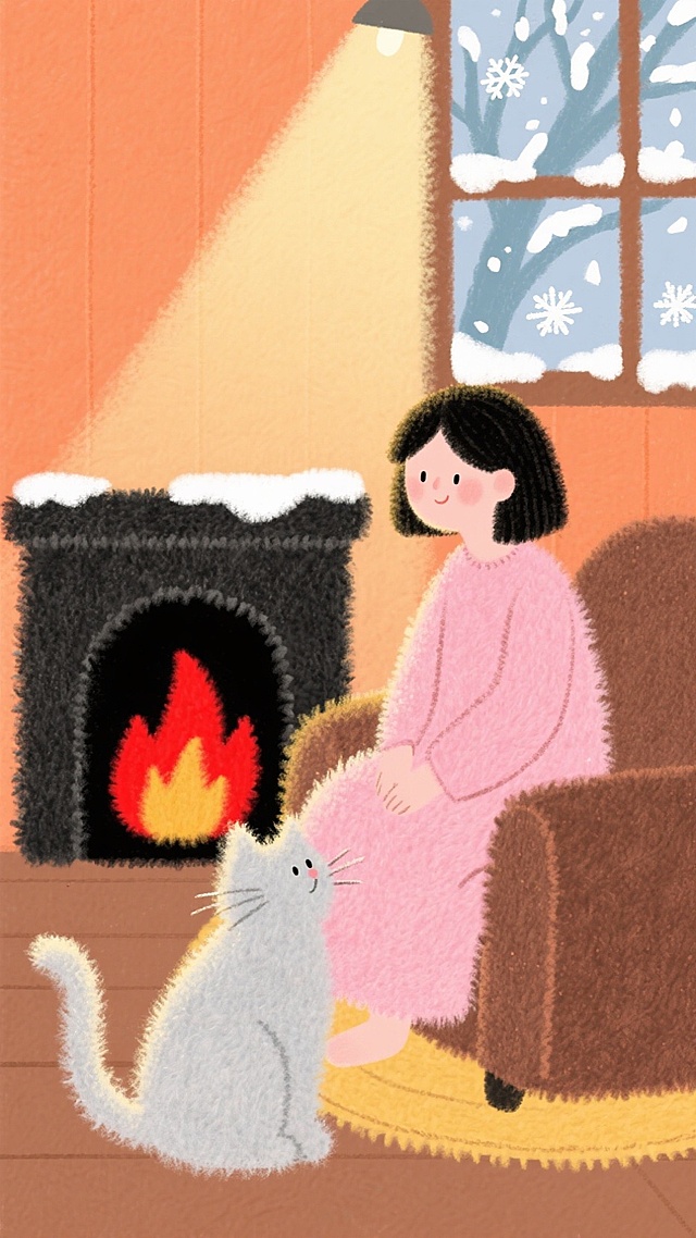 橙色调的温馨小屋场景，一个少女抱着猫咪躺在沙发上，旁边壁炉内火焰燃烧，暖光摇曳，窗外雪花和雾凇的树枝