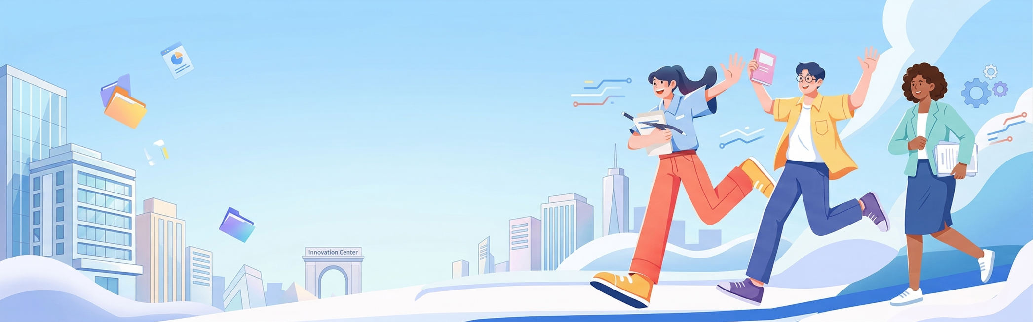 参考提供图片的扁平插画风格，制作企业招聘类横幅banner，保持明亮清爽蓝白配色，画面过渡自然层次丰富，活力满满的职场新人向前奔跑，城市建筑背景，左侧留出大区域用于放置招聘文案，整体风格青春活力，符合预览效果