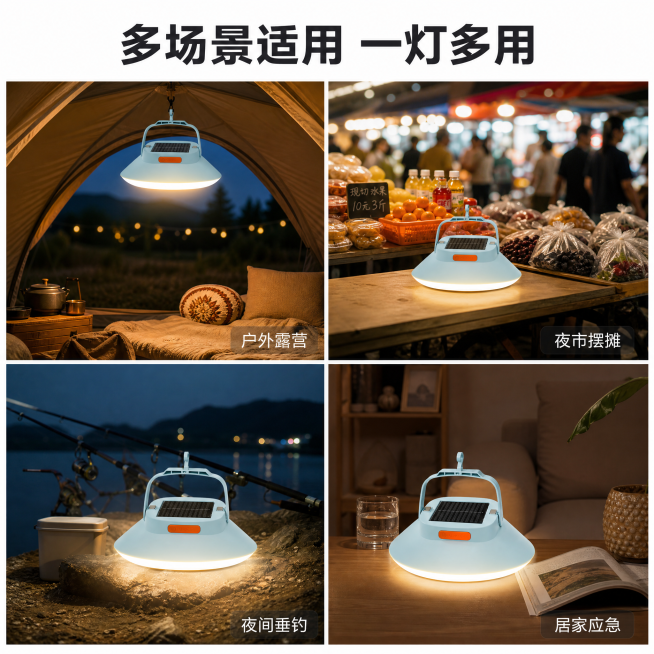 使用电商主图技能生成4张比例1:1的电商主图，适配平台为1688，商品为「图片1」「图片1」「图片1」，商品卖点为飞碟灯商品卖点:太阳能充电+type-c充电、隐藏式挂钩+磁吸悬挂、适用夜间垂钓、户外预览效果
