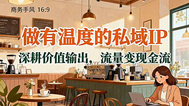 暖色系商务手绘风16:9海报，主标题用暖橙色加粗圆体"做有温度的私域 IP"，副标题深绿色宋体"深耕价值输出，流量变现金流"，背景为温馨舒适的咖啡馆商务场景，搭配轻商务女性人物，主副标题分明，字体颜色对比明显，不只用黑色