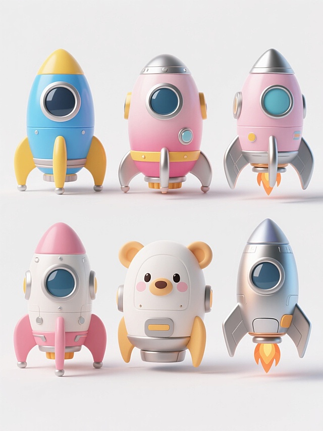 6个不同样式、不同材质、不同风格的3D卡通风格火箭，整体呈现圆润可爱的造型，色彩明快柔和，每个火箭拥有独特的配色方案（如有的以蓝色为主色调搭配黄色推进器，有的采用粉色渐变结合金属质感细节），材质包括光滑的塑料质感、带有光泽的金属部件、磨砂哑光表面等，风格涵盖复古太空、未来科技、可爱动物造型、几何抽象、手绘卡通、科幻机械等，所有火箭在纯白色背景上以整齐的行列方式排列，保持统一的光照效果（柔和的顶部光源，轻微的阴影增强立体感），每个火箭细节丰富，如不同形状的窗口、各异的尾翼设计、独特的推进器火焰样式，整体画面简洁明快，充满童趣与想象力，具有清晰的视觉层次和高效的信息传达效率。