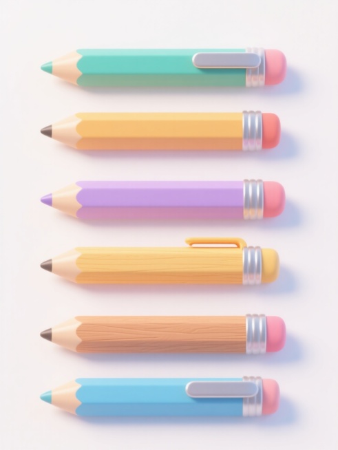 六个不同配色、不同样式、不同材质的卡通风格铅笔，每个铅笔拥有圆润的轮廓和简洁的线条，色彩明快且带有柔和的渐变效果，高光区域呈现出轻微的反光质感，铅笔的木质纹理、金属笔夹、塑料笔握等材质细节通过简洁的色块和线条区分，所有铅笔在纯白色背景上呈整齐的横向排列，彼此间距均匀，整体画面干净清爽，充满童趣的设计感。预览效果