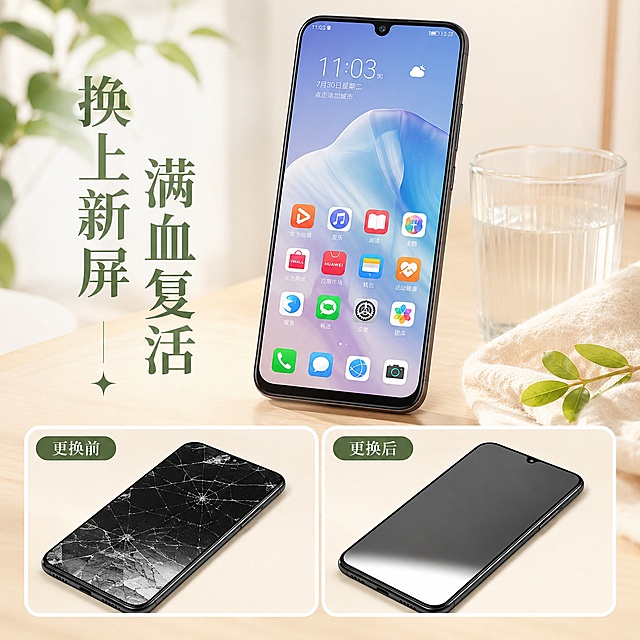 [主图-4] 华为麦芒8屏幕总成安装效果展示
[氛围风格] 家居治愈风，清新柔和，简约自然
[画质] 商业摄影质感，光线柔和通透，产品清晰真实，画面干净高级
[元素] 采用上下结构，上方为安装完成后的华为麦芒8手机实景展示，屏幕点亮显示清晰高清画面，色彩自然；下方左右两个小窗口分别展示安装前和安装后的对比效果，左侧为旧屏幕碎屏效果，右侧为新屏幕安装后正常显示效果，清晰对比体现产品更换价值。产品保持新屏幕外观结构与原图一致，背景为浅色温馨家居桌面，放置一杯清水和绿植做点缀，提升治愈感。
[光影] 整体光线柔和均匀，点亮屏幕增加自然高光，对比窗口光线一致，层次感好。
[配色] 背景浅米暖色调，绿植绿色点缀，文字深灰色，主标题绿色。
[视角构图] 整体平视居中构图，上方主图突出，下方对比整齐排列，布局合理。
[文字版式] 左侧负空间主标题写"换上新屏 满血复活"，绿色竖排，字号醒目；每个对比窗口标注"更换前""更换后"文字，清晰说明对比逻辑，文字不遮挡主体。
[输出要求] 1:1比例，文字清晰锐利，超高清商业摄影质感。
[负向提示词] 变形，文字错乱，产品图模糊，背景杂乱，水印，电商平台Logo