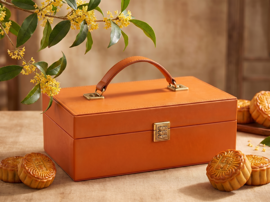 横版A4产品静物图，中秋主题，主体为橙色皮质礼盒，去掉所有烫金线框装饰，仅保留皮质质感，旁边摆放几块月饼，背景左上角有桂花枝条，柔和自然光，温暖色调预览效果