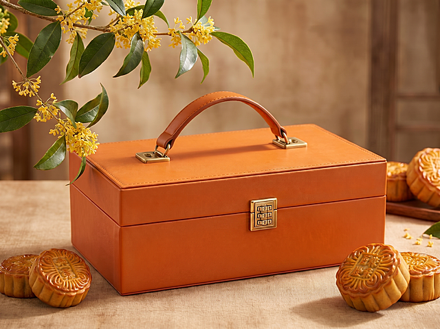 横版A4产品静物图，中秋主题，主体为橙色皮质礼盒，去掉所有烫金线框装饰，仅保留皮质质感，旁边摆放几块月饼，背景左上角有桂花枝条，柔和自然光，温暖色调