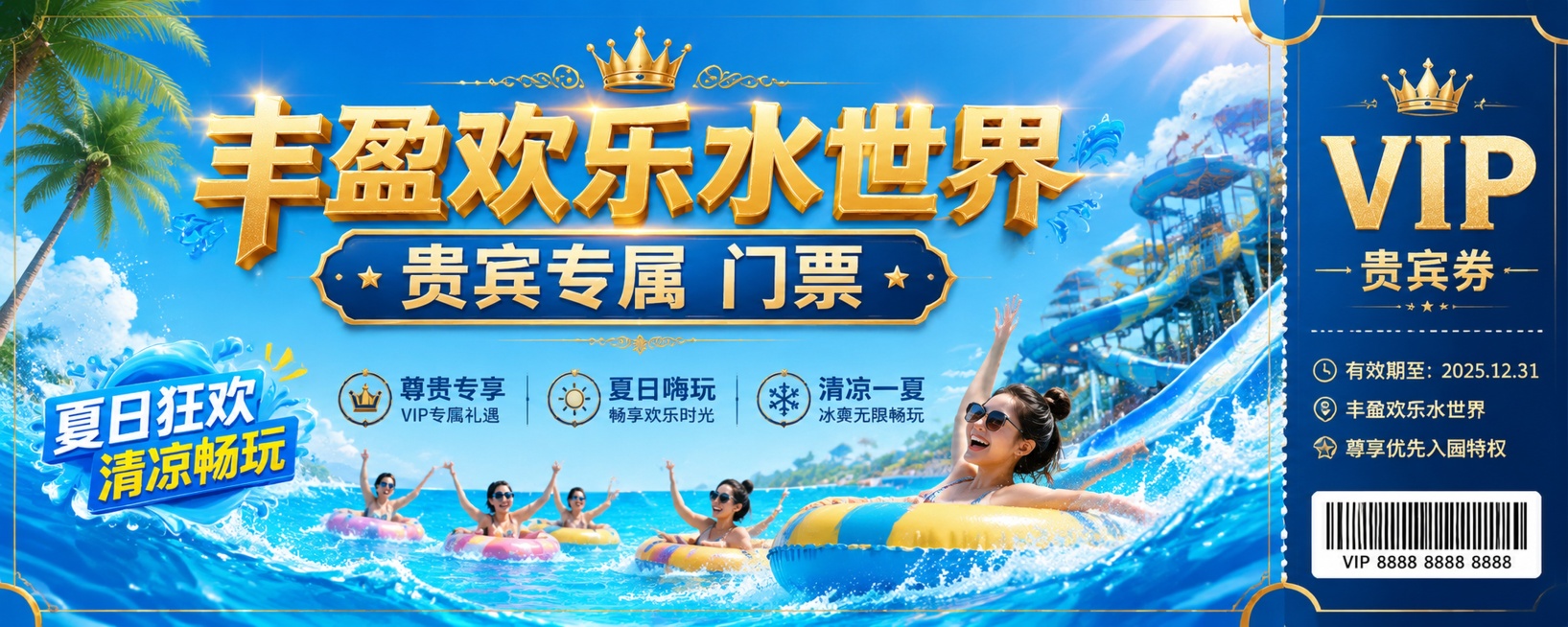 设计一张丰盈欢乐水世界贵宾券门票海报，风格大气美观清爽，"丰盈欢乐水世界"采用金色字体，主标题"丰盈欢乐水世界"，副标题"贵宾专属 门票"，装饰文案"夏日狂欢""清凉畅玩"，卖点：尊贵专享，夏日嗨玩，预览效果