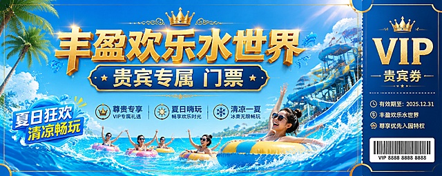设计一张丰盈欢乐水世界贵宾券门票海报，风格大气美观清爽，"丰盈欢乐水世界"采用金色字体，主标题"丰盈欢乐水世界"，副标题"贵宾专属 门票"，装饰文案"夏日狂欢""清凉畅玩"，卖点：尊贵专享，夏日嗨玩，清凉一夏，整体画面清新充满夏日活力，排版精美，文字清晰可读，金色字体与蓝色清爽背景搭配，画面比例20:8，整体大气高档