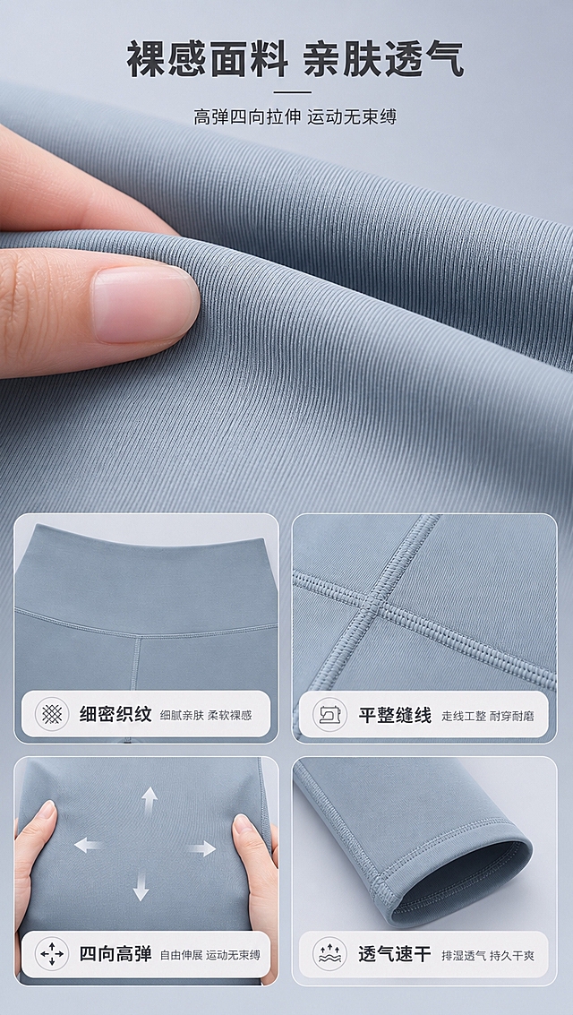 [商品] 使用【图2】高腰瑜伽裤面料局部，参考【图1】面料质感表现；商品处理：保留雾霾蓝颜色、高弹针织面料纹理、平整缝线和腰头结构；放大面料织纹细节，增强纤维质感和缝线工整度，自然去皱，不改变材质和颜色。
[画面] 目标：面料与工艺细节页，展示亲肤裸感与精细做工。构图：上方大幅面料微距特写（手指轻触面料表现柔软），下方2×2宫格展示4处工艺细节（腰头缝线、裤脚收边、裆部拼接、面料拉伸）。主体占画面约80%，景别为微距+局部特写。前中后景：前景手指/面料、中景细节宫格、后景浅灰蓝哑光背景。阅读动线：顶部标题→上方主面料图→下方4宫格工艺。
[视觉] 套系策略：风格=简约高级运动商业摄影；标题字=现代无衬线粗体（思源黑体Heavy）；正文字=简洁无衬线体（思源黑体Regular）；主色=雾霾蓝灰调；背景延展=基于雾霾蓝做浅灰蓝渐变、同色系深浅层级、细腻哑光质感；强调色=奶白色，仅用于小面积图标、引线和标签底衬；标题色=深炭灰；正文色=中暖灰；组件=圆角浅底信息卡、细线引线、极简图标；光影=左前侧柔光，柔和轮廓光，干净影棚质感。
[文字] 顶部主标题「裸感面料 亲肤透气」（8字），副标题「高弹四向拉伸 运动无束缚」；下方4宫格各配短标签：细密织纹 / 平整缝线 / 四向高弹 / 透气速干；文字全部横排。
[规格] 图片比例9:16竖版，4K分辨率，避免变形、错字、文字过小、冷蓝刺眼背景、裤子颜色改变、面料失真、低俗擦边、极限词。