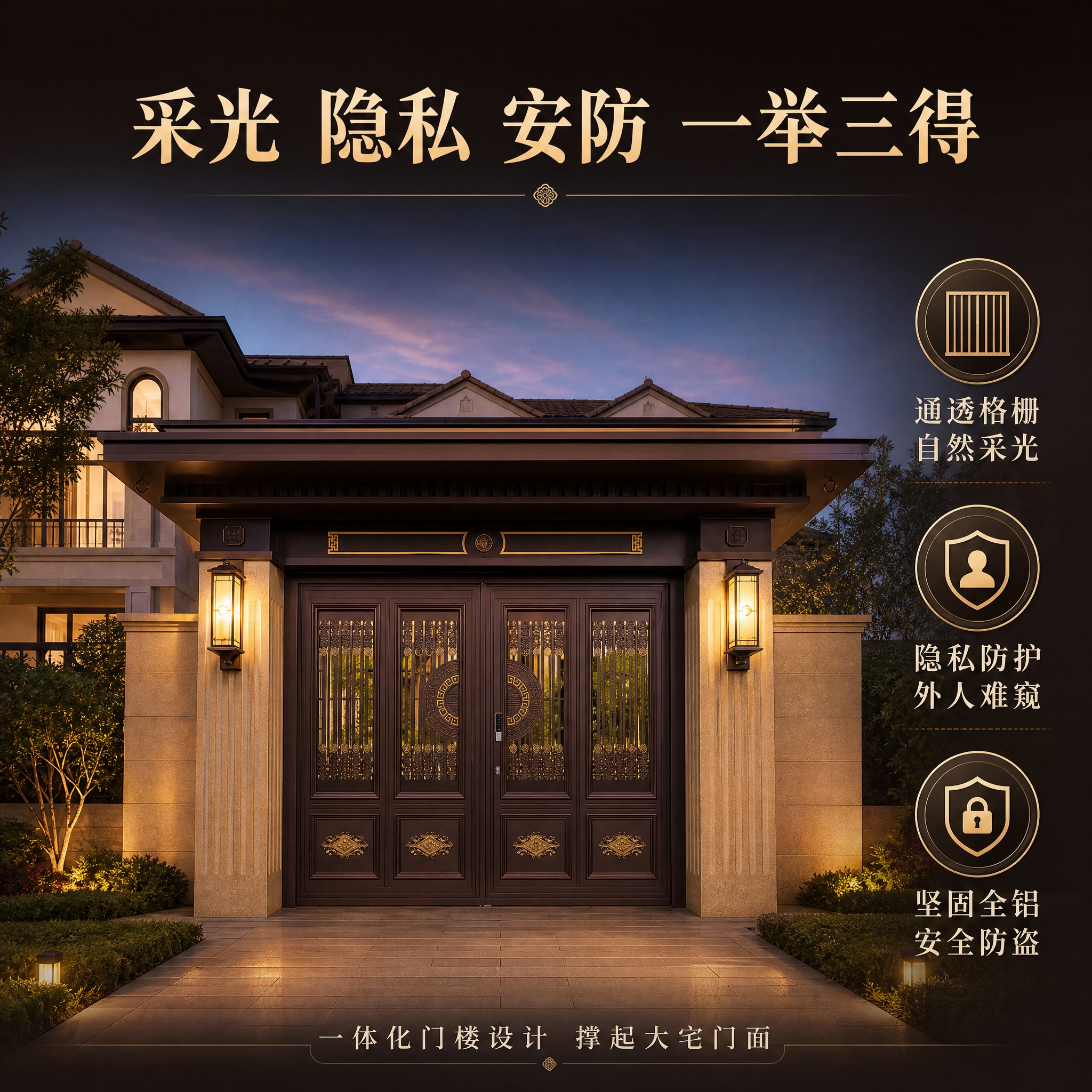 [主图-4] 场景与安防功能，展示门楼大门在真实别墅庭院中的使… - 图片创意预览