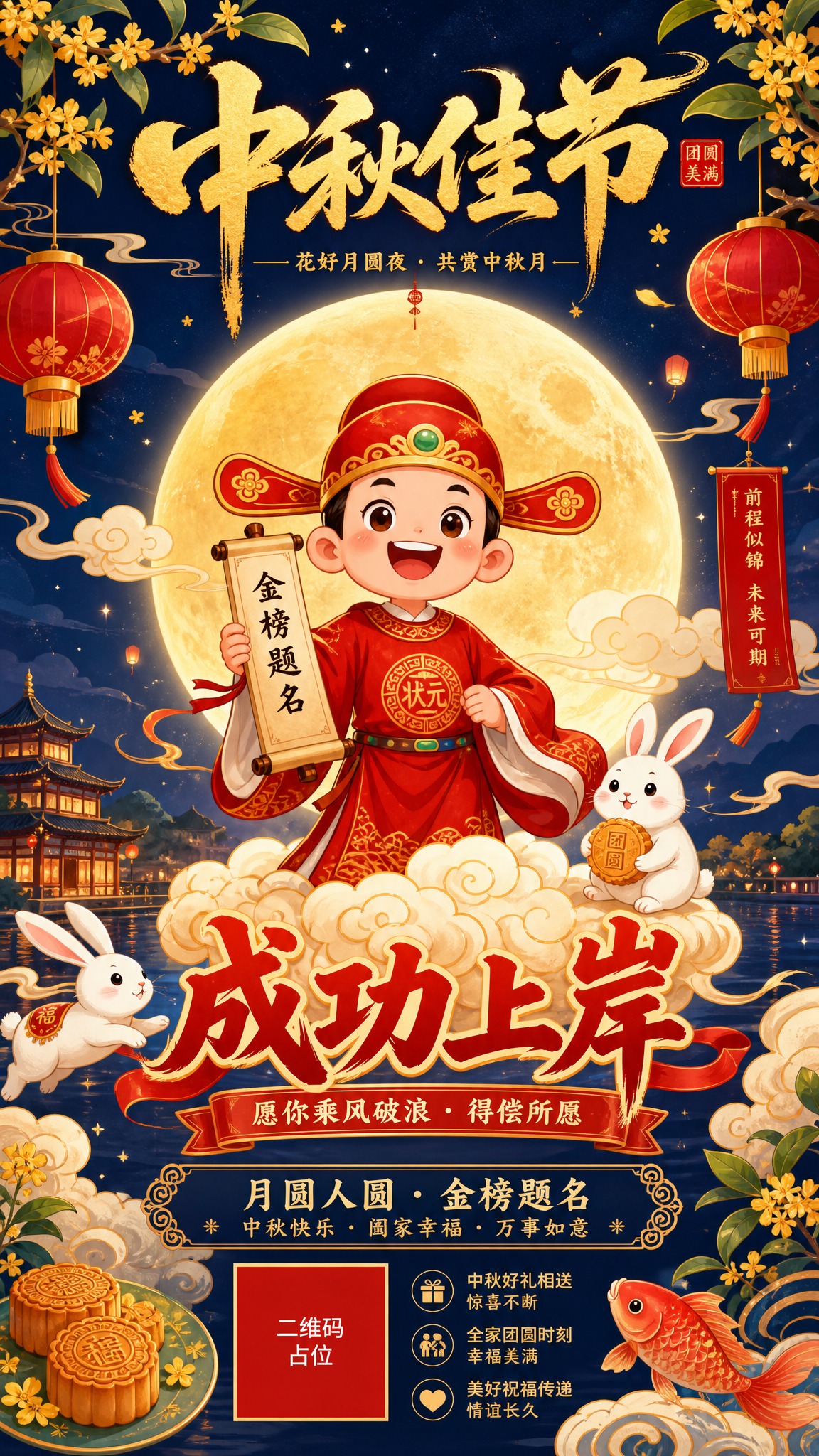 中秋节节日海报，国风新中式卡通插画风格。画面中央是一个可爱的状… - 图片创意预览