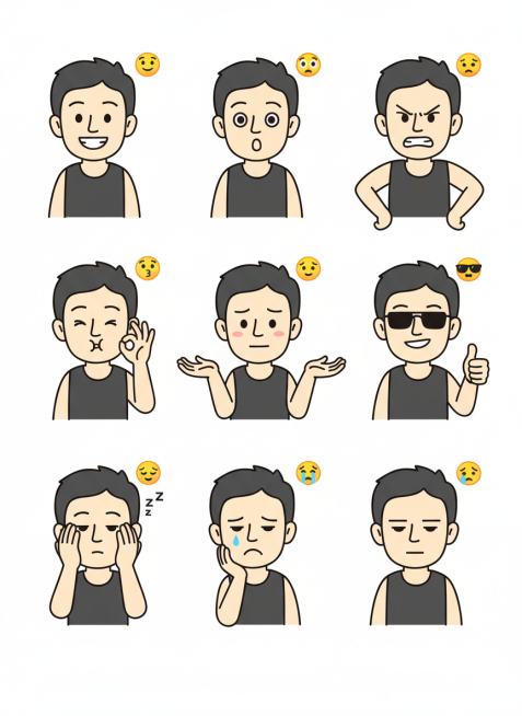 保持人物主体不变，创作一组简笔画风格表情包，搭配一些emoji图标，包含表情不同、姿势不同的九宫格表情包预览效果