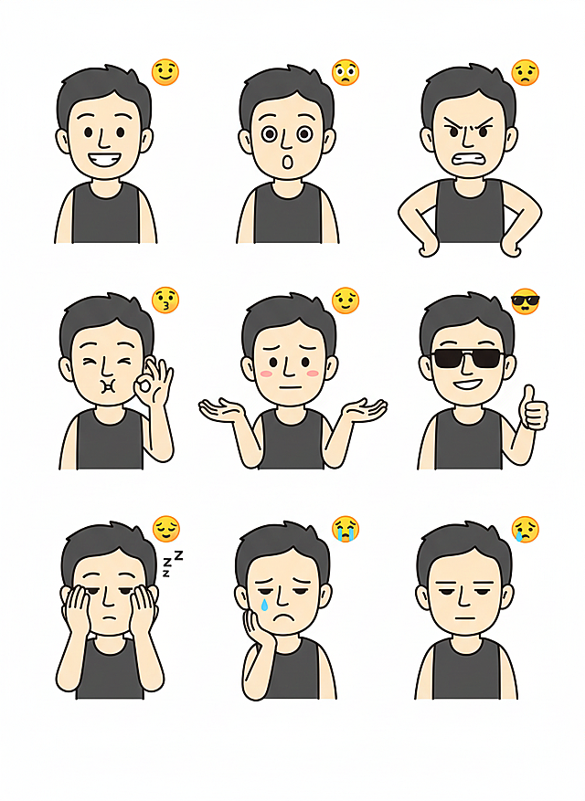 保持人物主体不变，创作一组简笔画风格表情包，搭配一些emoji图标，包含表情不同、姿势不同的九宫格表情包