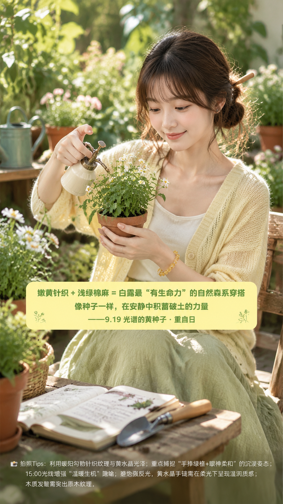 以参考图中年轻东亚女性的五官和面部特征为基准，生成一张自然森系… - 图片创意预览