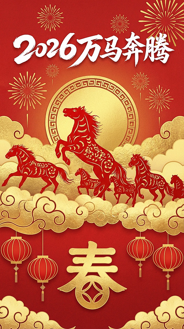 以这个图的风格和样子，生成马年春节平面海报，生成5张不同风格的