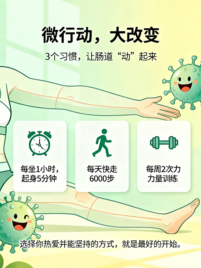 三个并排的简洁行动卡片。
卡片1：图标“闹钟” + “每坐1小时，起身5分钟”。
卡片2：图标“步行” + “每天快走6000步”。
卡片3：图标“哑铃” + “每周2次力量训练”。
背景是舒展的身体线条和开心的细菌卡通。	标题：微行动，大改变
副标题：3个习惯，让肠道“动”起来
总结句：选择你热爱并能坚持的方式，就是最好的开始。
